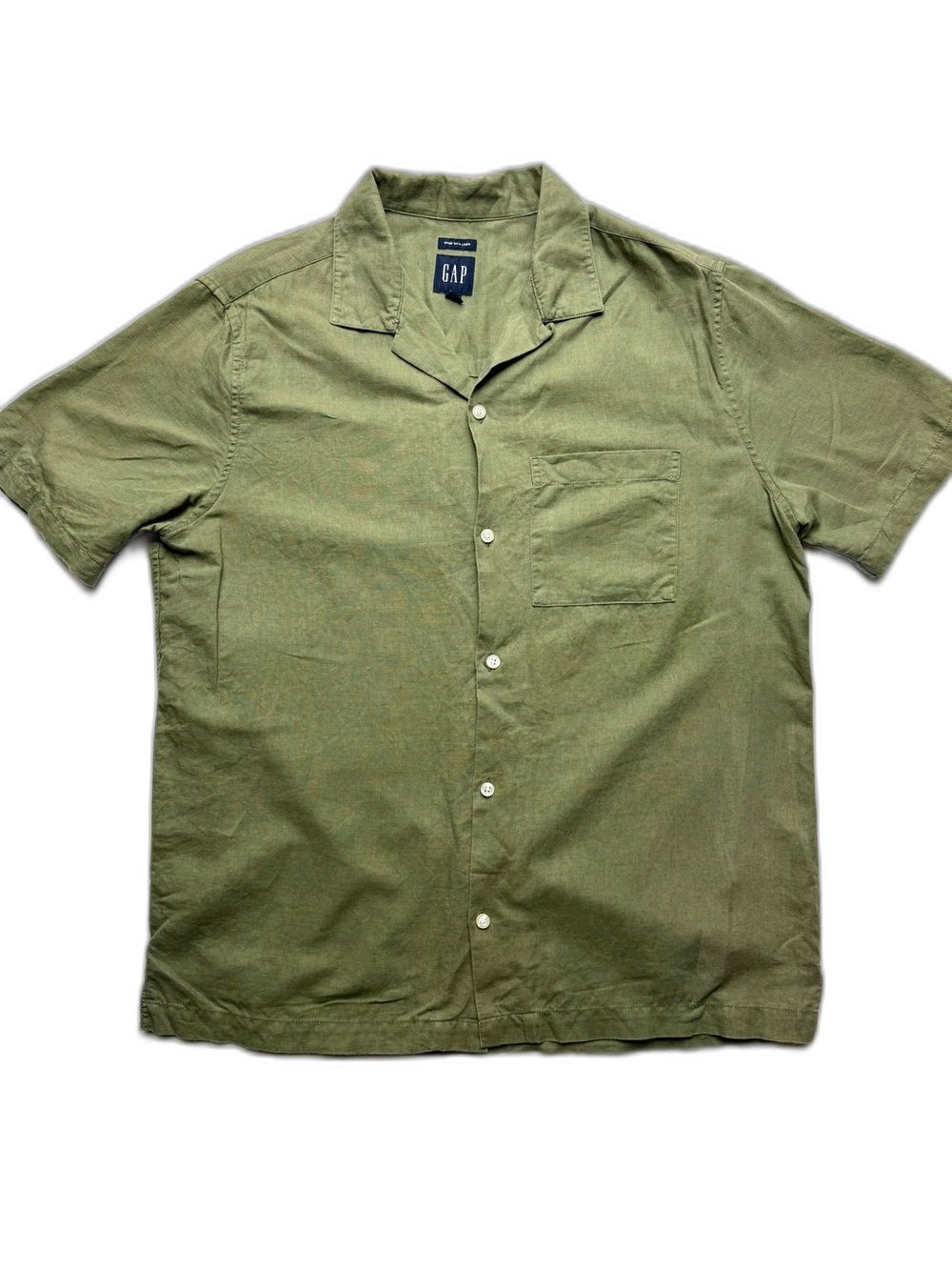 GAP Linen Olive Green Short Sleeve Camp Collar Button-Down Shirt